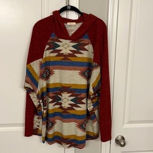 Oddy 2X red aztec hooded shirt